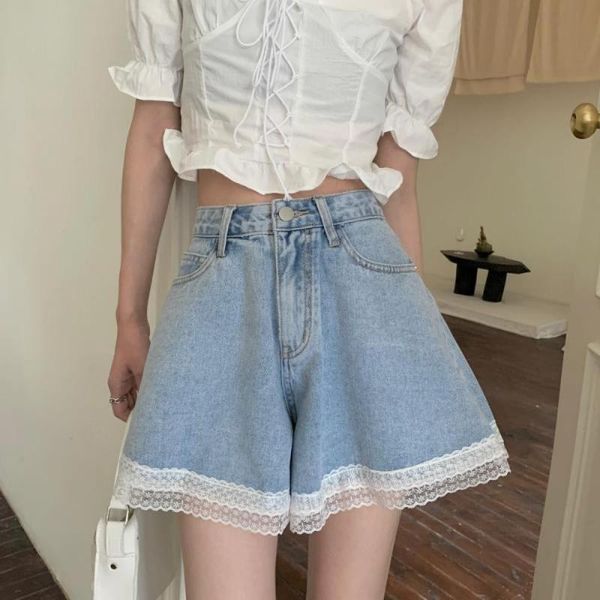 

women's shorts women summer kawaii blue 2021 cute girls fashion all-match casual solid color denim lace, White;black