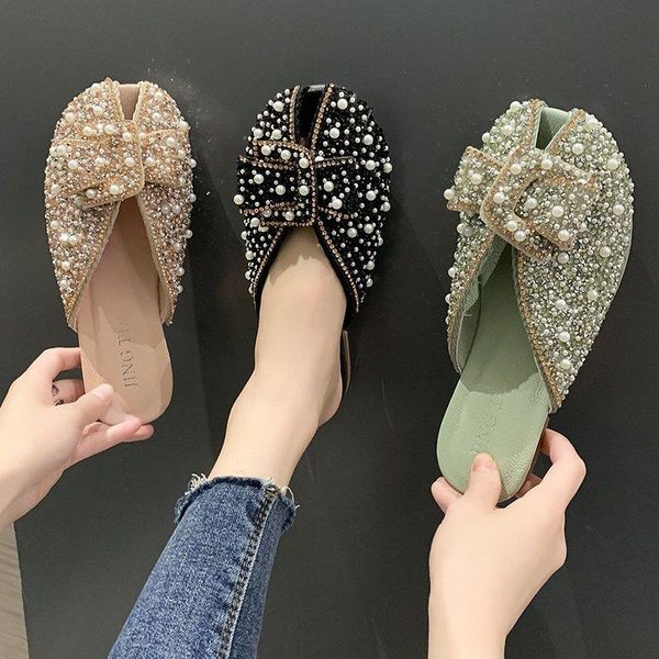 

low glitter slides slippers women summer big size female mule string bead shoes without heel cover toe fashion, Black