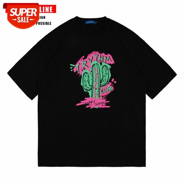 

streetwear men american west coast cartoon cactus letter printing loose casual ins couple short-sleeved t-shirt and women tide #8k2n, White;black