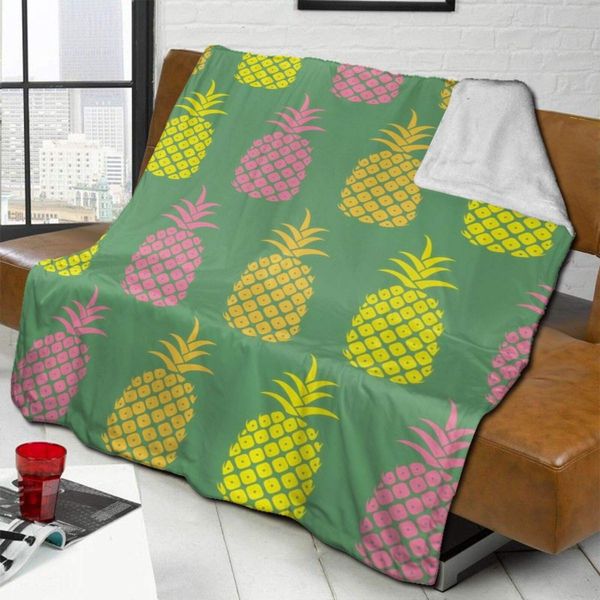 

flannel soft fleece blanket, wrinkle-resistant queen size decorative blanket, cartoon pineapple fruit summer green pattern, bed