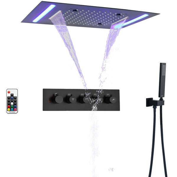 Set di rubinetti per doccia termostatici neri opachi 50x36 cm con pannello di controllo a LED Sistema di doccia per massaggio per bagno spa per bagno