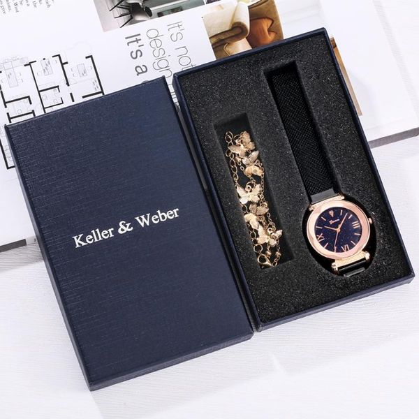 

wristwatches 2 pcs watch set with female quartz wristwatch mesh stainless steel magnetic buckle women's watches fashion bracelet gift s, Slivery;brown