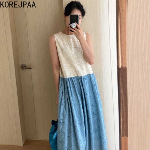 

korejpaa women dress korean chic summer gentle retro o-neck crochet hollow contrast color loose sleeveless vestido female 210526, Black;gray