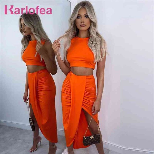 Karlofea Sommer zweiteilige Sets weibliche sexy Panzer Crop Top draped geteiltes Langrockanzug Strand Nachtclub Party Tragen Sie elegante Outfits 210330