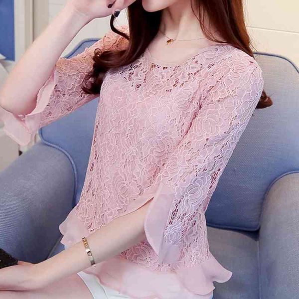 

blouses femme summer blouse women blusas mujer de moda o-neck hollow out lace blouse shirt women clothing blusas e694 210426, White