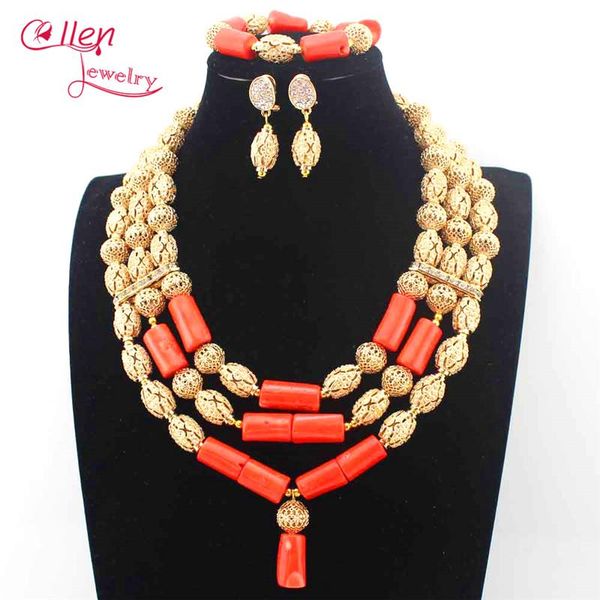 

earrings & necklace orange coral pendant set nigerian wedding african beads jewelry bridesmaid e1135, Silver