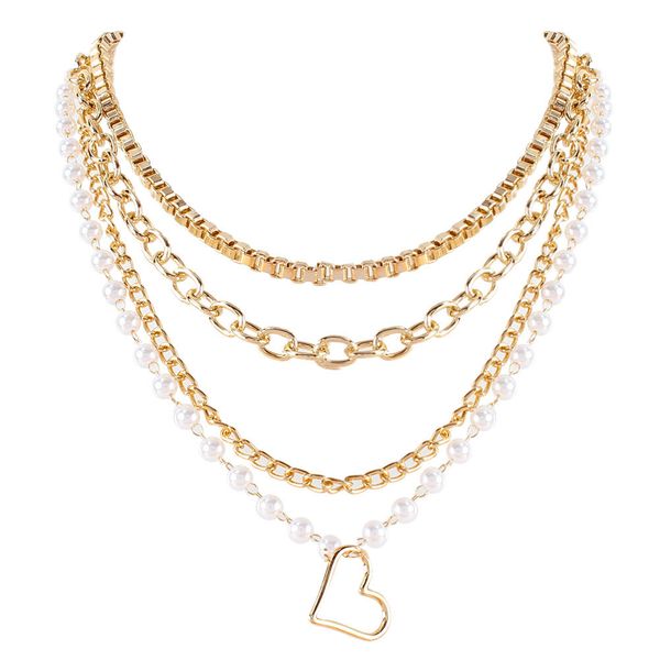 

designer golden alloy peach heart pendant necklaces pearl bead ethnic style personality mix and match clavicle chain multilayer snake-chain, Silver
