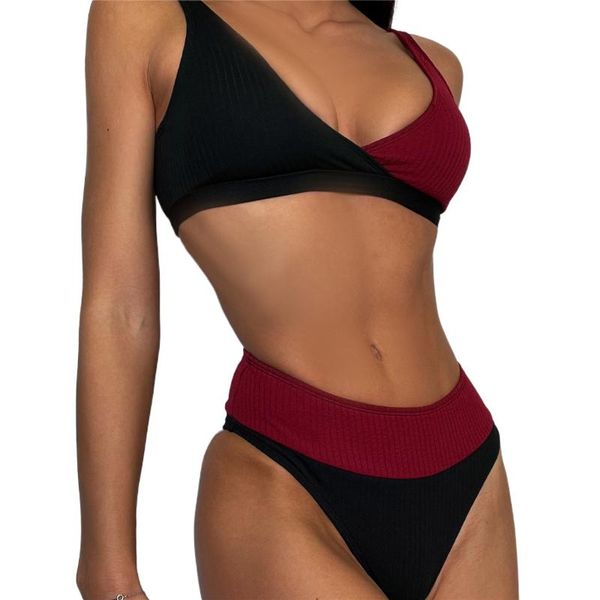 

women's swimwear fashion beach european and american foreign single swimsuit pit strip fabric stitching contrast color v-neck bikini202, White;black