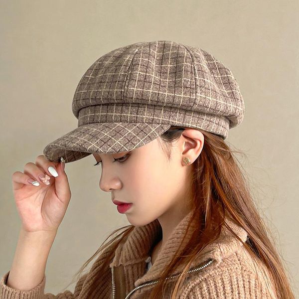 

stingy brim hats women berets vintage plaid artist painter hat octagonal sboy cap retro autumn winter wool female beret, Blue;gray