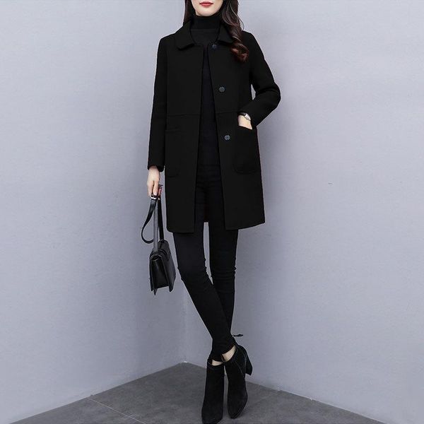 

women's wool & blends small tweed coat wear 2021 autumn and winter korean loose fit medium long woolen, Black