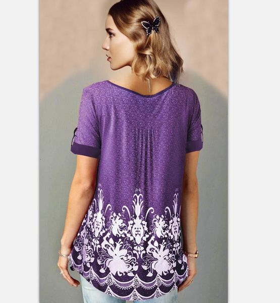 

women clothes casual buttons short sleeve elegant ethnic printed floral mujer t shirt femme v neck, White