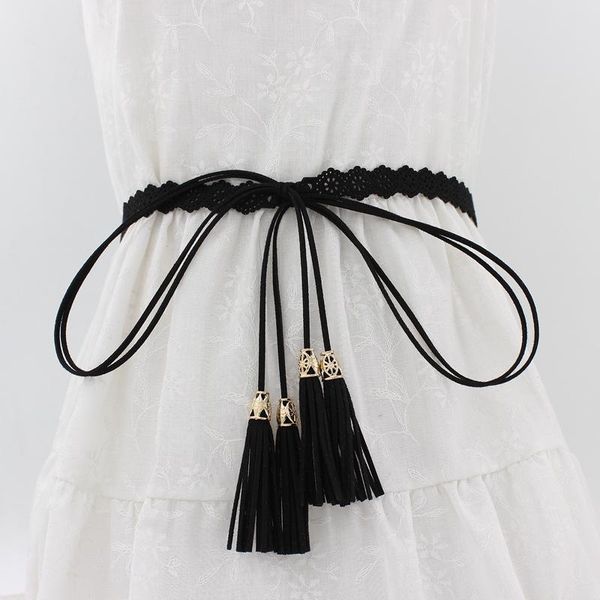 

belts ladies fashion national style hollow tassel knotted tie belt thin waist chain women's waistband dress accessories, Black;brown