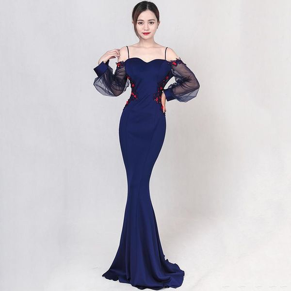 

casual dresses blue cotton & mesh floral appliques spaghetti strap slash neck backless long lantern sleeve party night club dress, Black;gray