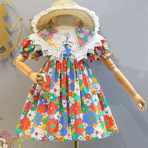 Kızlar Elbise Hiçbir Şapka Avrupa Amerikan Tarzı Yaz Çocuk Giyim Bebek Çocuk Prenses Parti Dantel Yaka Çiçek 210625