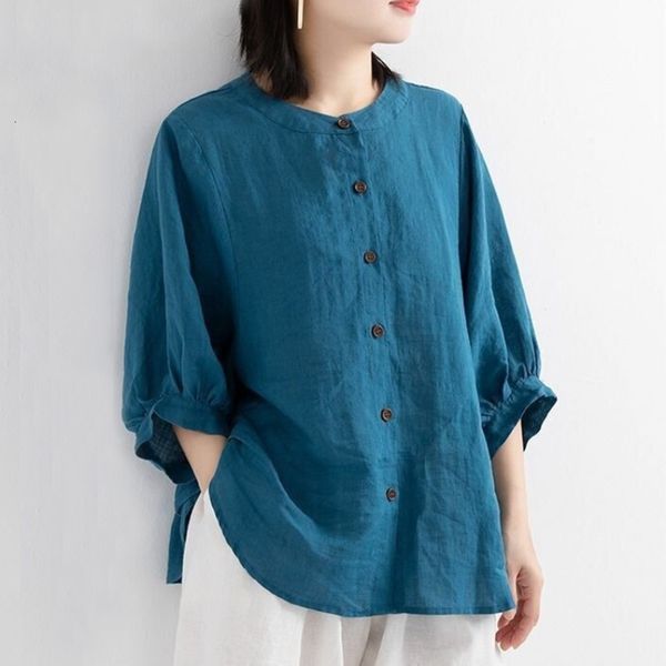 

women's polos blouse long sleeve spring summer jackets oversized buttons cotton linen blouses and shirts o neck loose casual, White