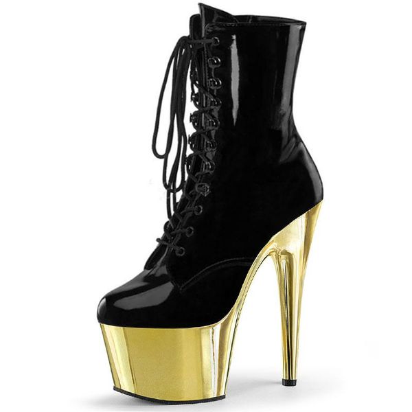 

boots 17cm super high heeled shoes women stripper fetish party 8inches patent leather low tube short nightclub pole dancing, Black