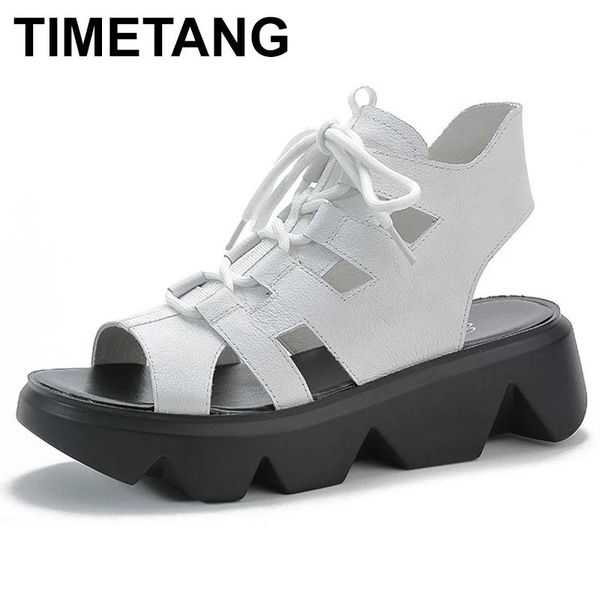 

sandals timetang platform for women genuine leather shoes heel peep toe fashion gladiator womenlace-up, Black