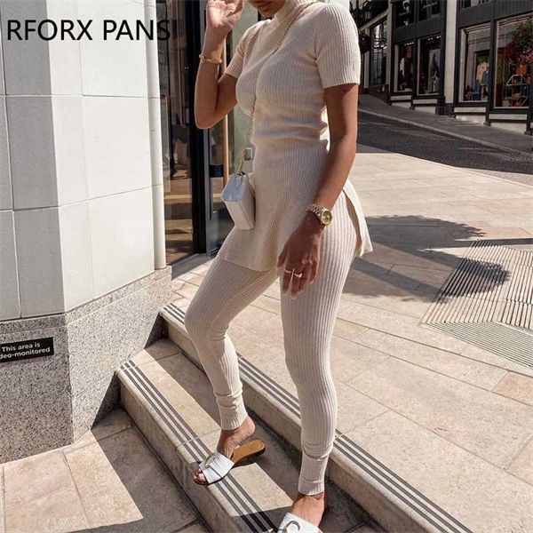 

women short sleeve solid ribbed sets two piece set and pants, White