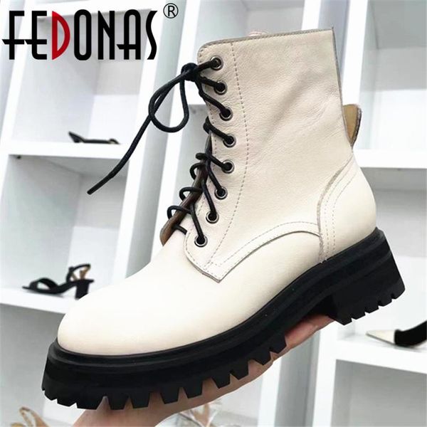 

boots fedonas outdoor casual fashion concise cool women ankle genuine leather thick heels lace-up shoes woman 2021 autumn winter, Black