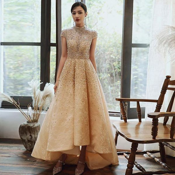 

party dresses evening dress champagne a-line high neck luxurious floor-length empire short sleeves zipper back woman formal gowns a1592, White;black