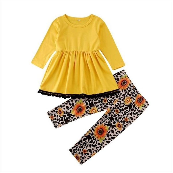 

2pcs kids toddler baby girl long sleeve floral pants outfit set fall clothes yellow sunflower 2 3 4 5, White