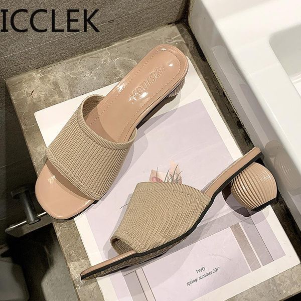 

knit mesh breathable high heels mules slippers women 2021 summer heteromorphic heel knitting fashion ladies shoes, Black