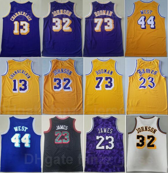 

retro basketball mitchell ness johnson vintage jersey 32 lebron james 23 jerry west 44 dennis rodman 73 wilt chamberlain 13 yellow purple wh, Black;red