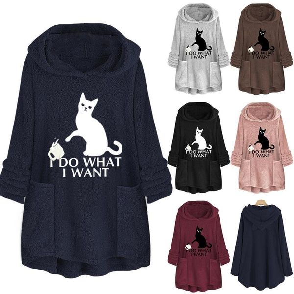 

women's hoodies & sweatshirts fashion women autumn solid color cats print irregular hem pockets short mini hooded sweatshirt, Black
