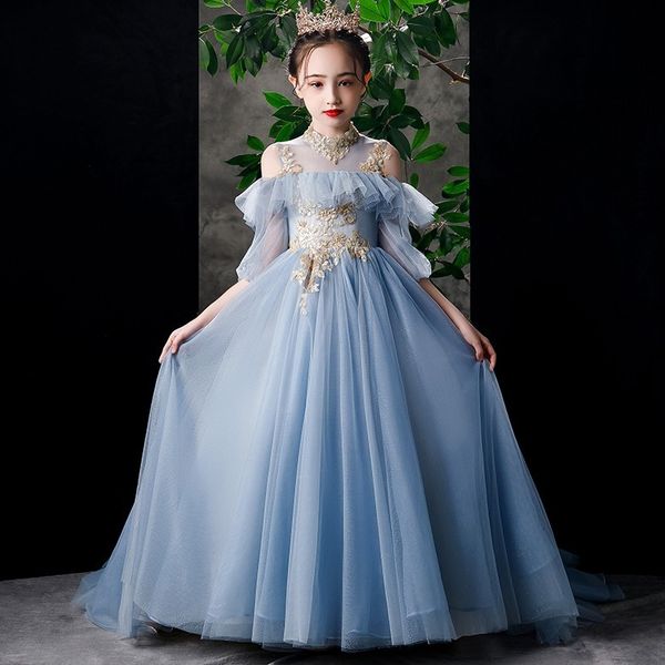 Pageant for Girls Gold Little Flower Girl Dresss Sky Blue Champagne Kids Abito da sposa Abito da sposa Cintura per perline 403