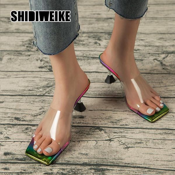 

slides women slippers fashion transparent heels female square toe sandals summer party shoes size 36-42 va845, Black