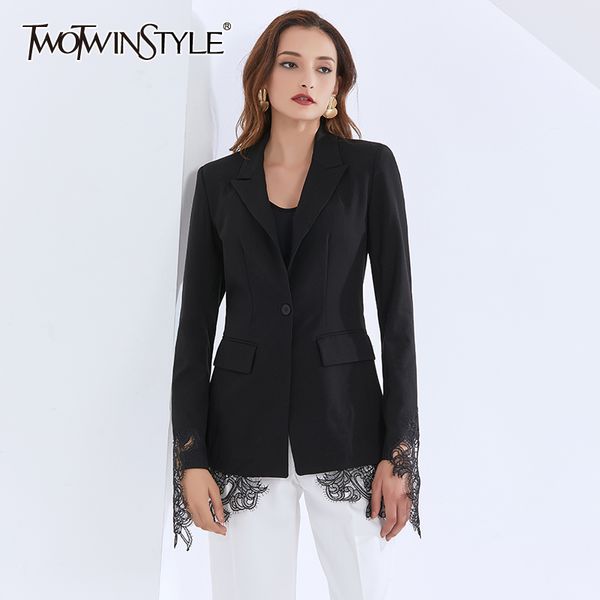 

casual patchwork lace blazer for women notched long sleeve black blazers female fall fashion clothing 210524, White;black