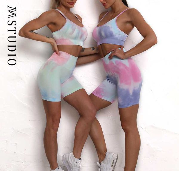 

yoga outfit 2021summer 2 piece tie dyeing seamless set gym fitness sleeveless bra high waist leggings shorts sports women