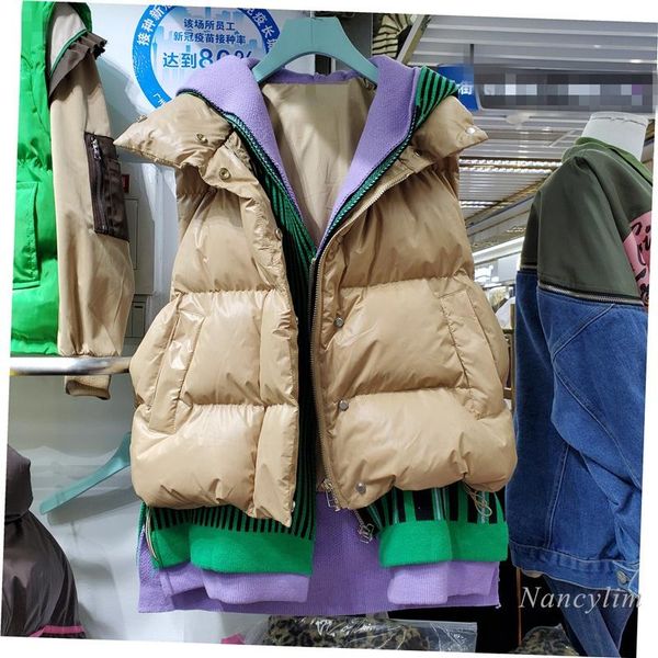 

women's vests 2021 autumn and winter vest parka women patchwork knitted hooded fake two pieces mid-length loose warm waistcoats, Black;white