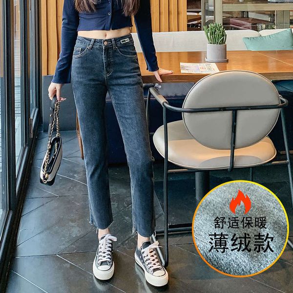 

women's jeans winter style plush small straight tube high waist elastic show thin, warm and fashionable pants 3t6g, Blue