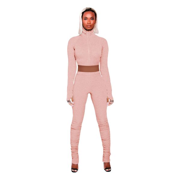 

autumn women tracksuit fashion lucky label embroidery long sleeve zipper turtleneck crop +stacked pants 2 piece set women 210414, White