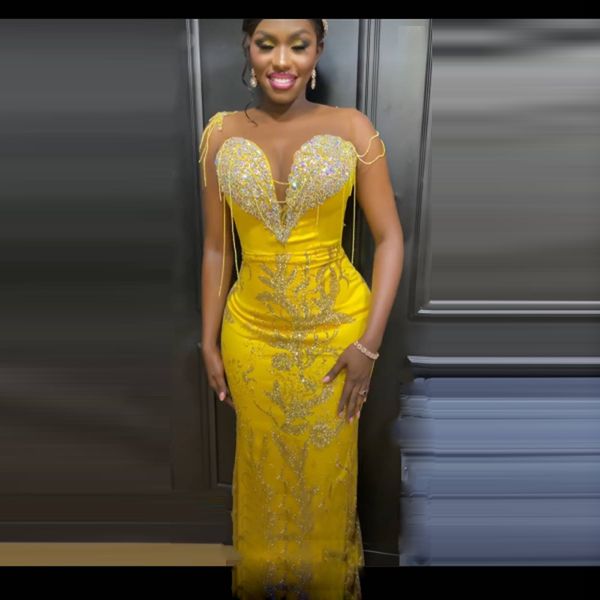 

yellow black girls mermaid prom dresses sheer neck tassels major beads sequins aso ebi evening gowns african formal party