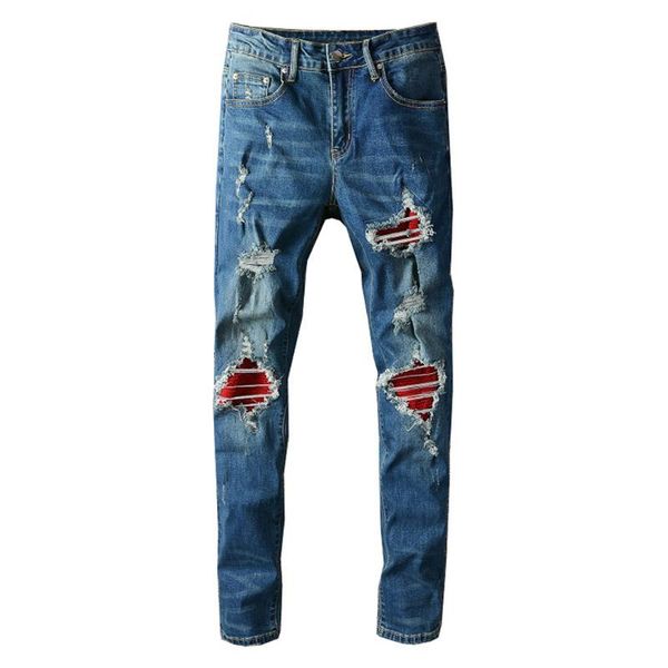 

men's jeans slim skinny blue ripped biker streetwear red patch patchwork stretch denim pants trousers high quality