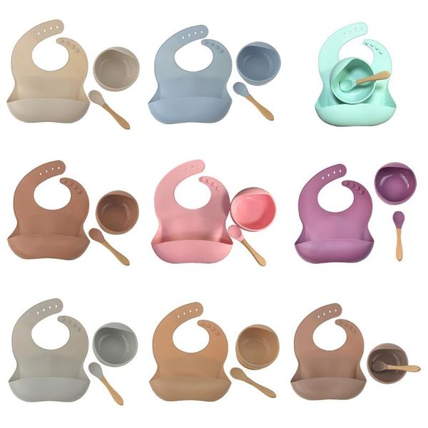 

bibs & burp cloths 3pcs baby tableware set born silicone bibs+dinner plate bowl+spoon dishes