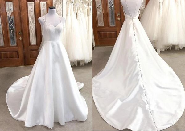 

simple a line real image wedding dresses bridal gown with spaghetti straps open back court train satinreception dress vestidos de novia, White