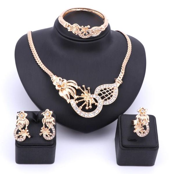 

earrings & necklace wedding gold color crystal flower set fine jewelry sets party women african beads bridal ring bangle, Silver
