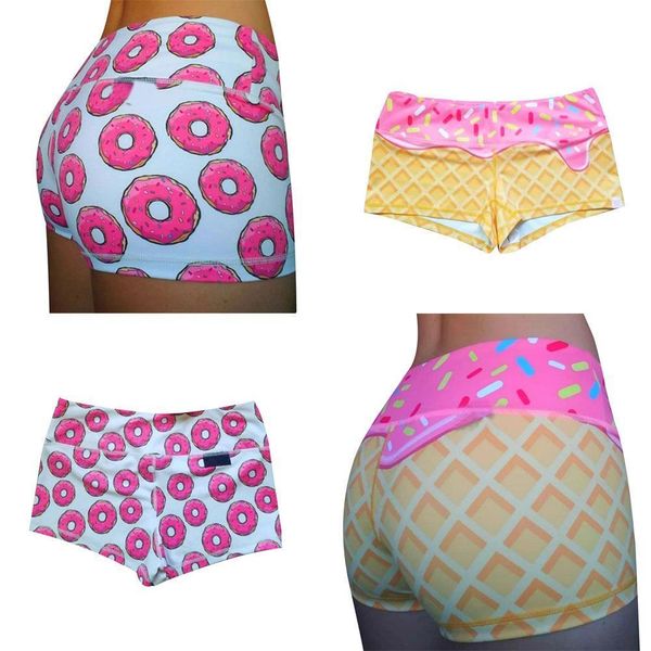 

high waist elastic tight women short ice cream capris doughnut printed casual party club fitness wear skinny slim stretch, White;black