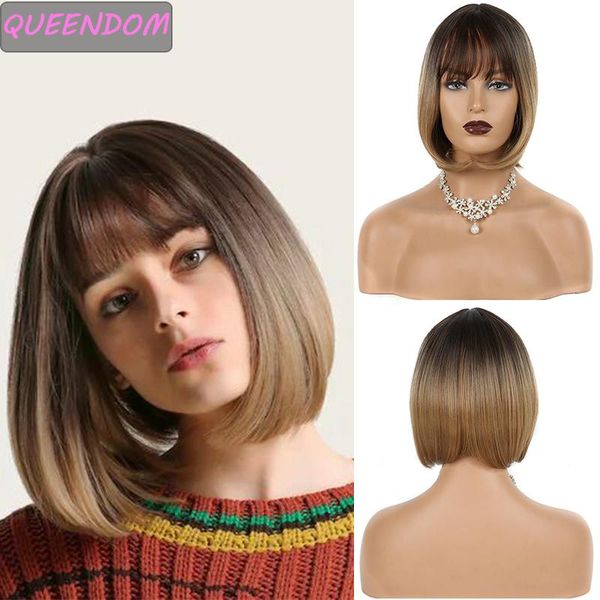 

synthetic wigs ombre straight short bob wig with bangs honey blonde blunt cut 12 " heat resistant cosplay hair for women, Black