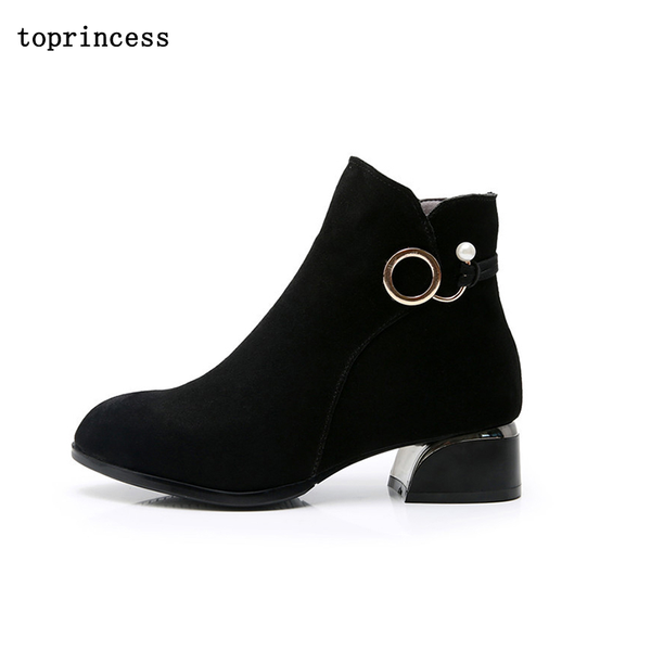 

boots hn11 incess fashion cow winter rounded toe zipper chunky heel 2021 leather snow shoes fall platform, Black