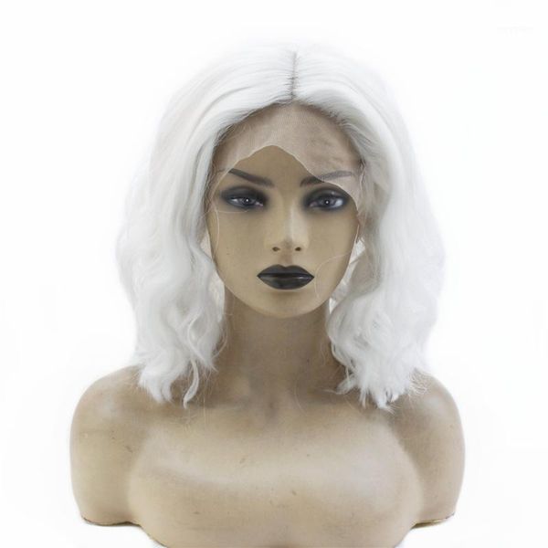 

natural wave heat resistant short hair women wedding party halloween present synthetic lace front wigs white color middle part1, Black