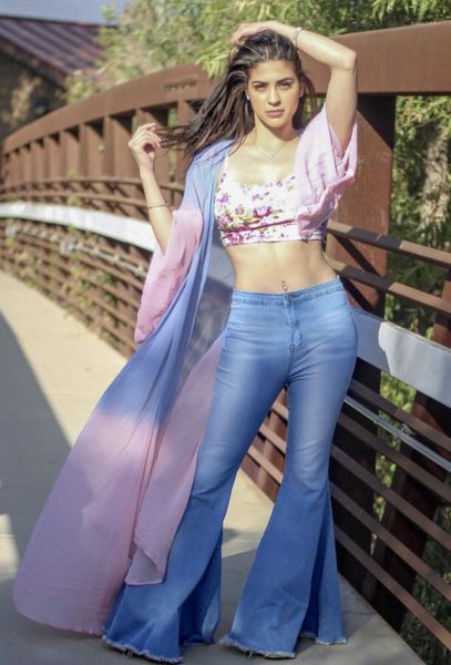 

women's jeans wear retro high waist elastic wash thin wide leg pants big horn, Blue