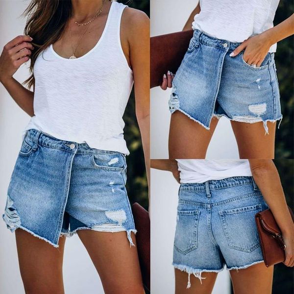 

women's jeans ripped and slim-fit denim shorts high waist leosoxs distressed torn casual pocket short 2021, Blue