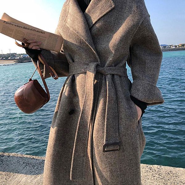 

women's wool & blends black long trench coats elegant female office wear korean clothing winter cashmere coat belt women warm outerwear