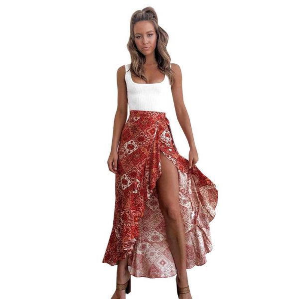 

skirts ladies women skirt elegant vintage high waist bohemian small floral midi slit woman summer clothes, Black