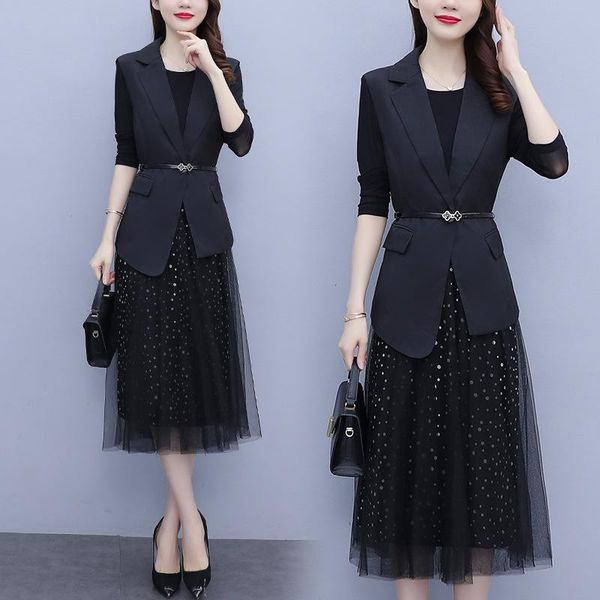 

casual dresses suit long dress suits women autumn work wear 2 piece set blazer coat and grenadine wave point knee length, Black;gray