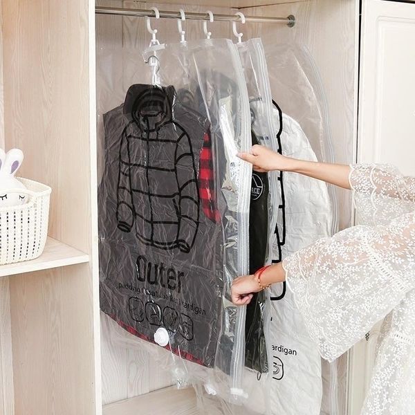 

transparent pumping vacuum storage bags side pull hanging clothes compression two way buckle bagswith leak-proof valve
